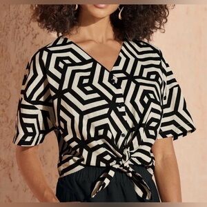 Esmara Button Down Tie Blouse Linen Cotton Short Sleeve Top Women 8 Sustainable